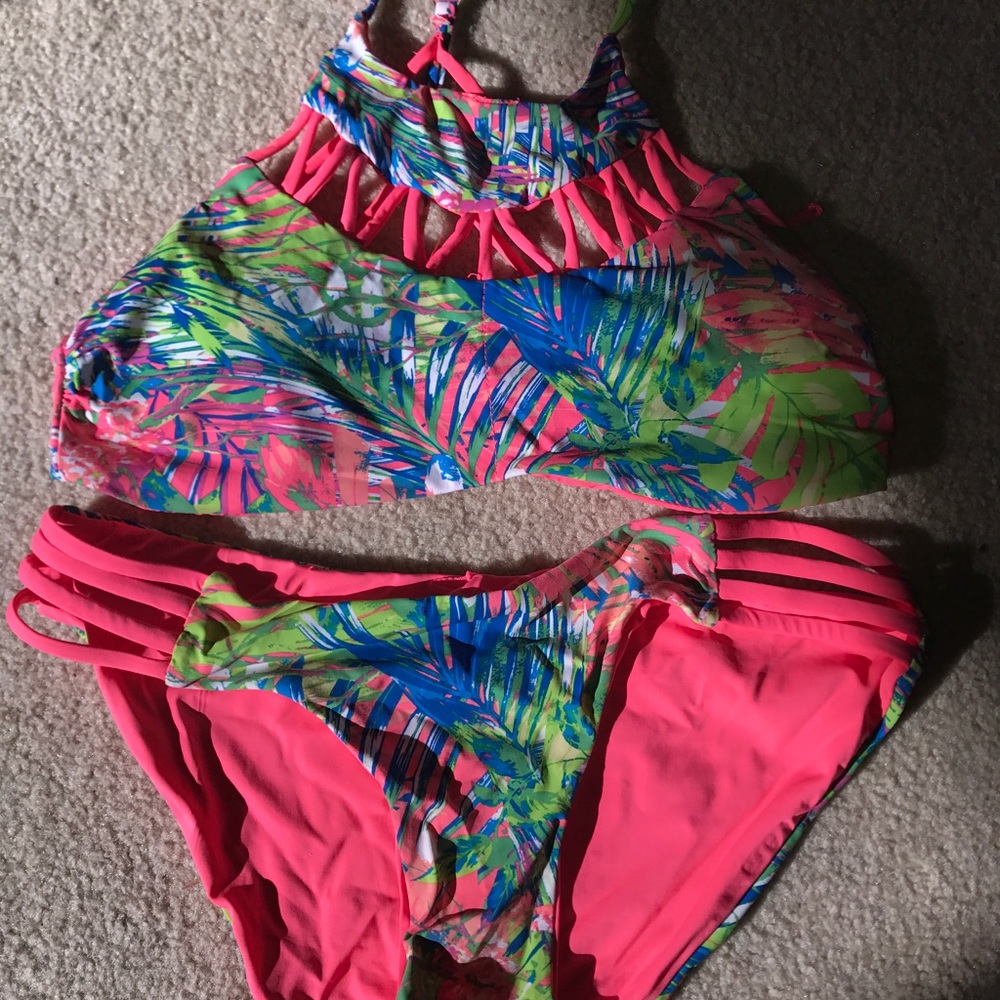 Neon tropical caged bikini, reversible neon pink